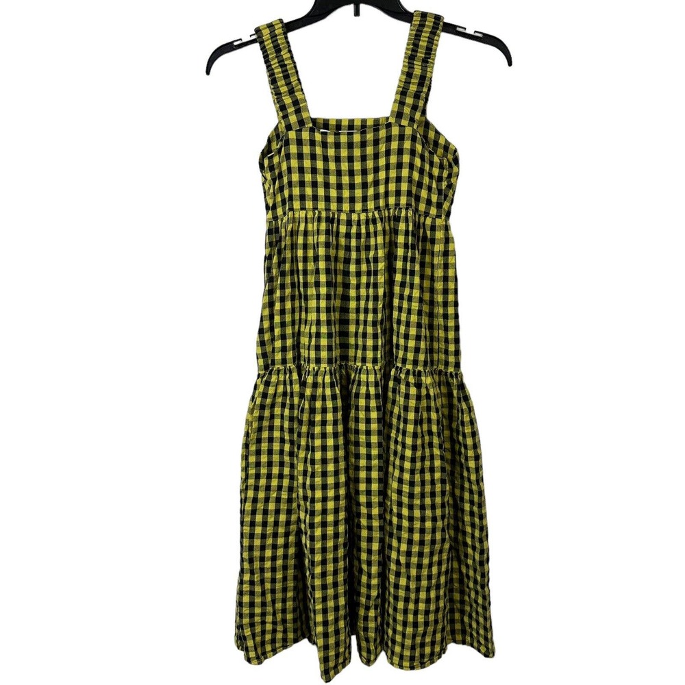 Asos Collusion Dress Size 0 Yellow Black Gingham Tiered Sleeveless Midi - Picture 2 of 14